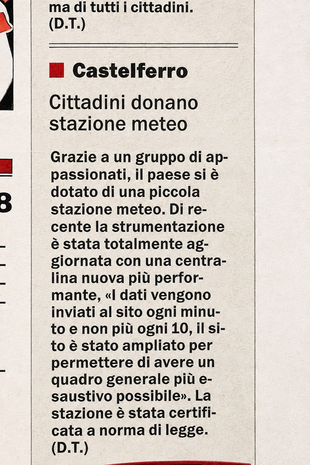 Articolo de Il Piccolo di Alessandria del 20 luglio 2018 che cita la stazione meteo di Castelferro