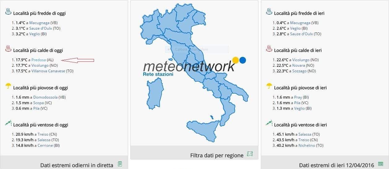Stazione meteo di Castelferro sulla pagina principale di MeteoNetwork il 13 aprile 2016